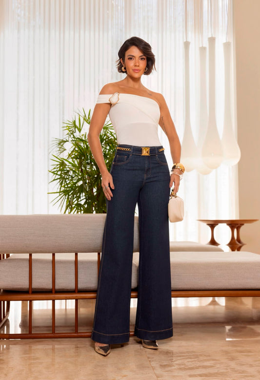 Calça wide leg jeans com cinto