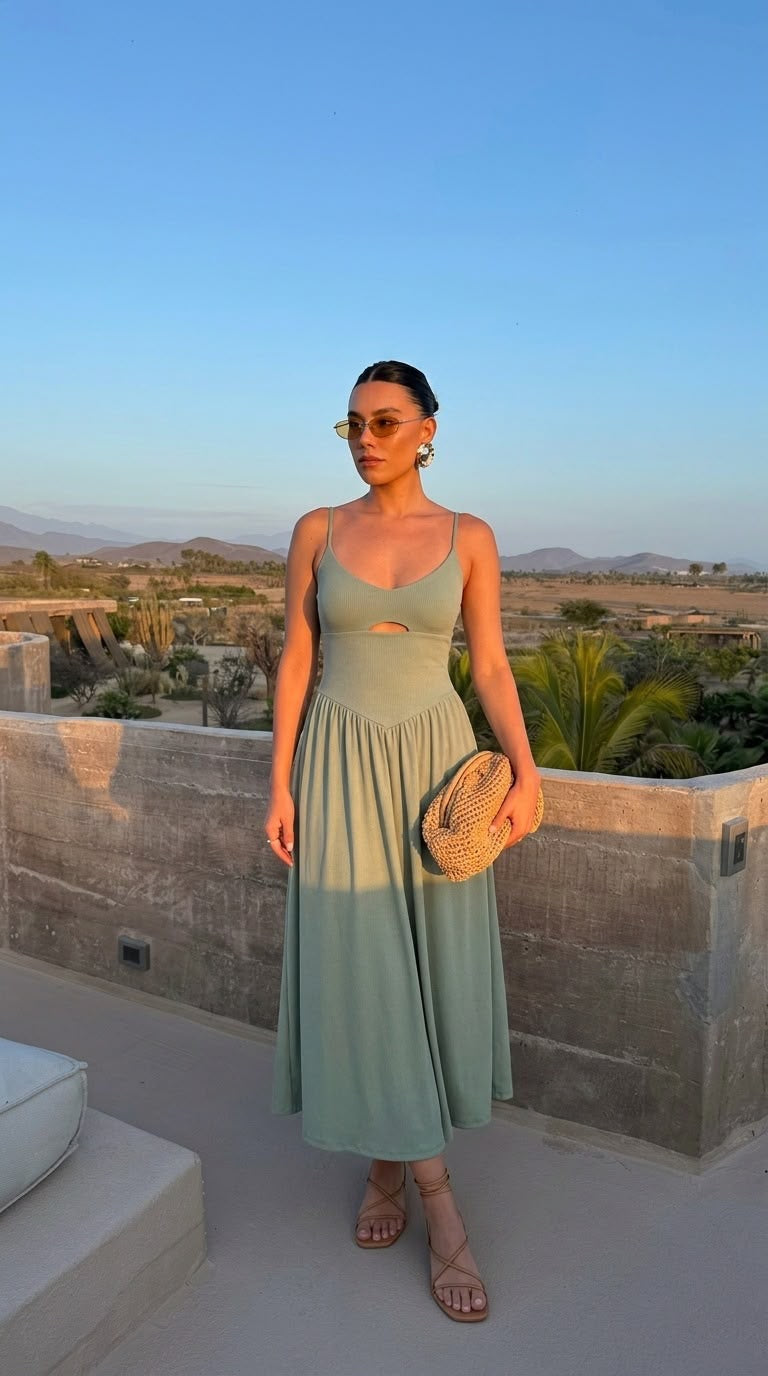 Vestido midi com detalhe em V