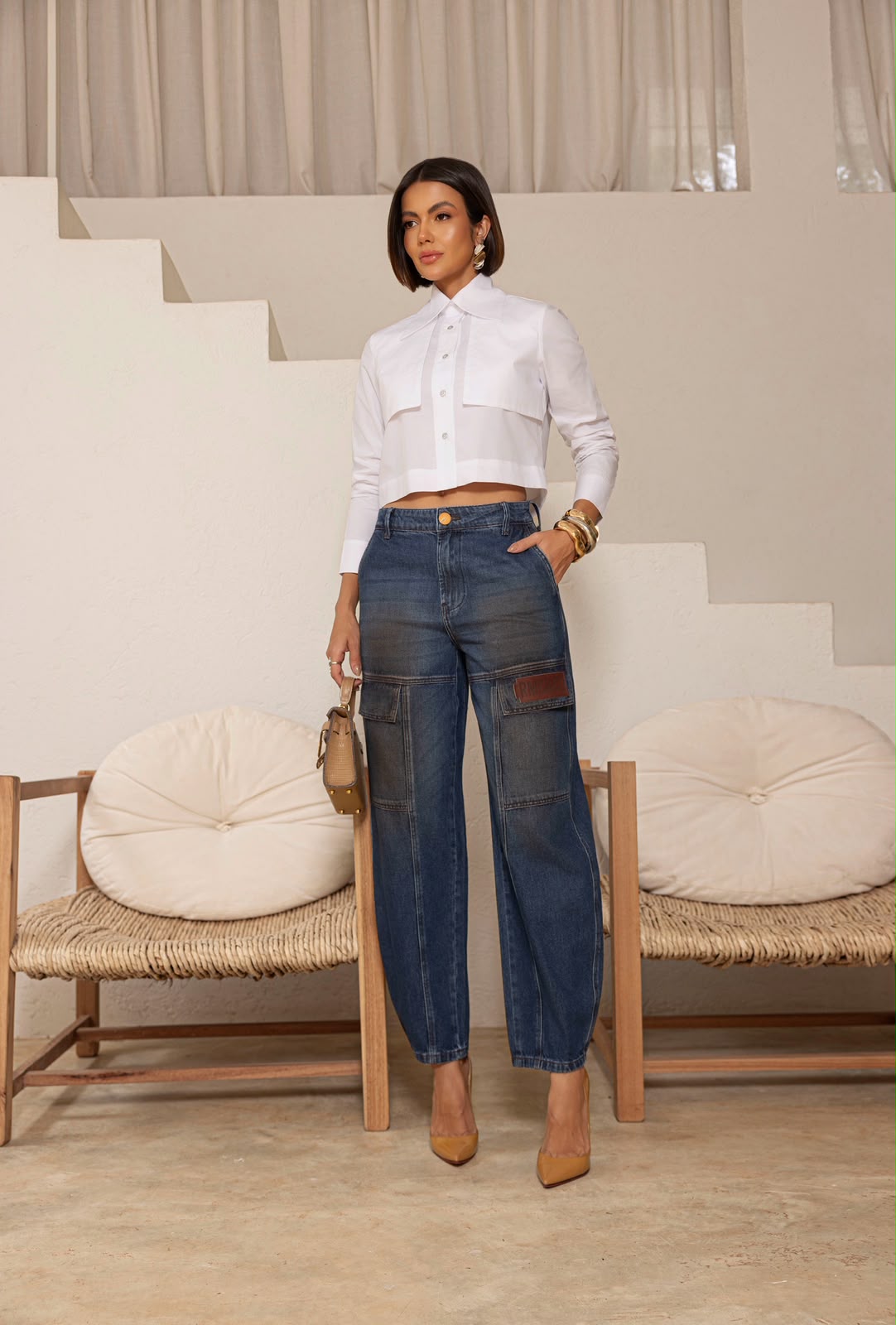 Calça Jeans Cargo Barrel
