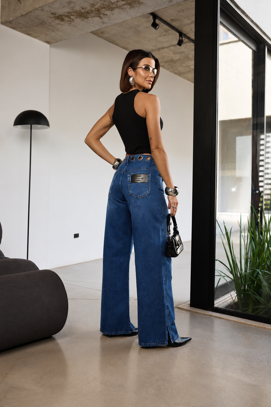 CALÇA JEANS 100% WIDE BLACK COM METAIS NO CÓS