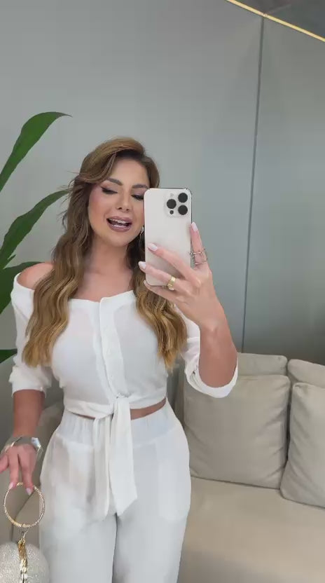 ✨ Conjunto Camisa Cropped + Calça Crepe Crispy Fio de Lurex